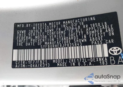 2018 Toyota Corolla L from USA, damaged, VIN 5YFBURHE8JP825843